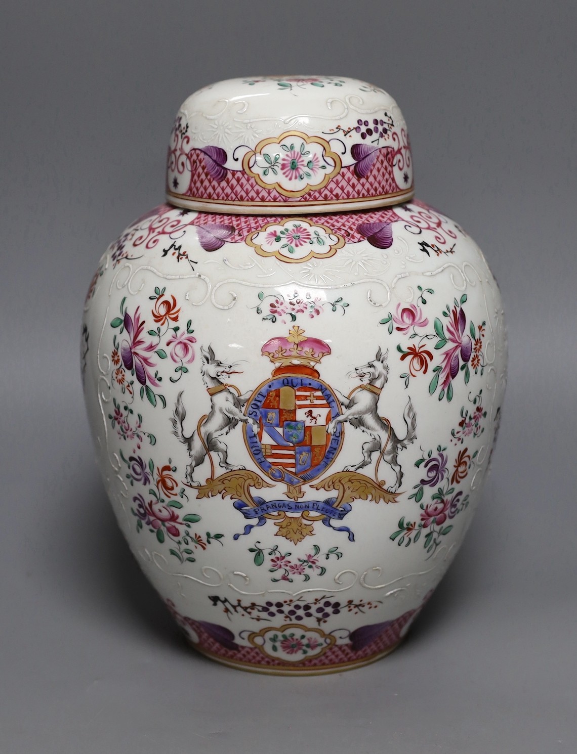 A Samson armorial jar and cover, 28cms high